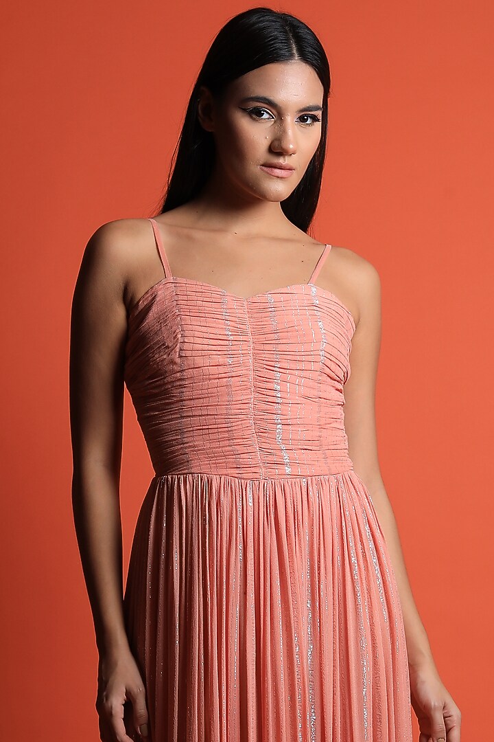 Peach Georgette Ruched Vacation Dress by Swatee Singh at Pernia's Pop Up Shop
