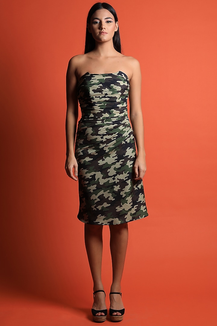 Military Green Printed Draped Vacation Dress by Swatee Singh at Pernia's Pop Up Shop