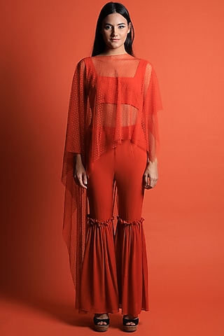 Rust Orange Crepe Cape Set by Swatee Singh