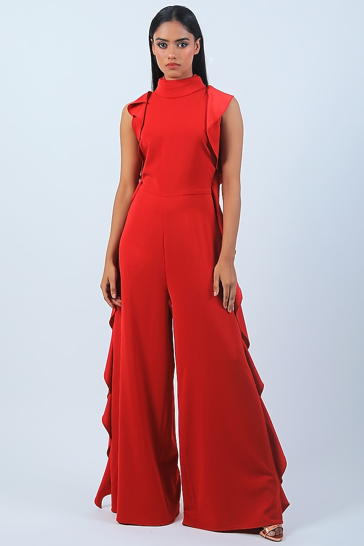 Red Heavy Crepe Jumpsuit by Swatee Singh at Pernia's Pop Up Shop