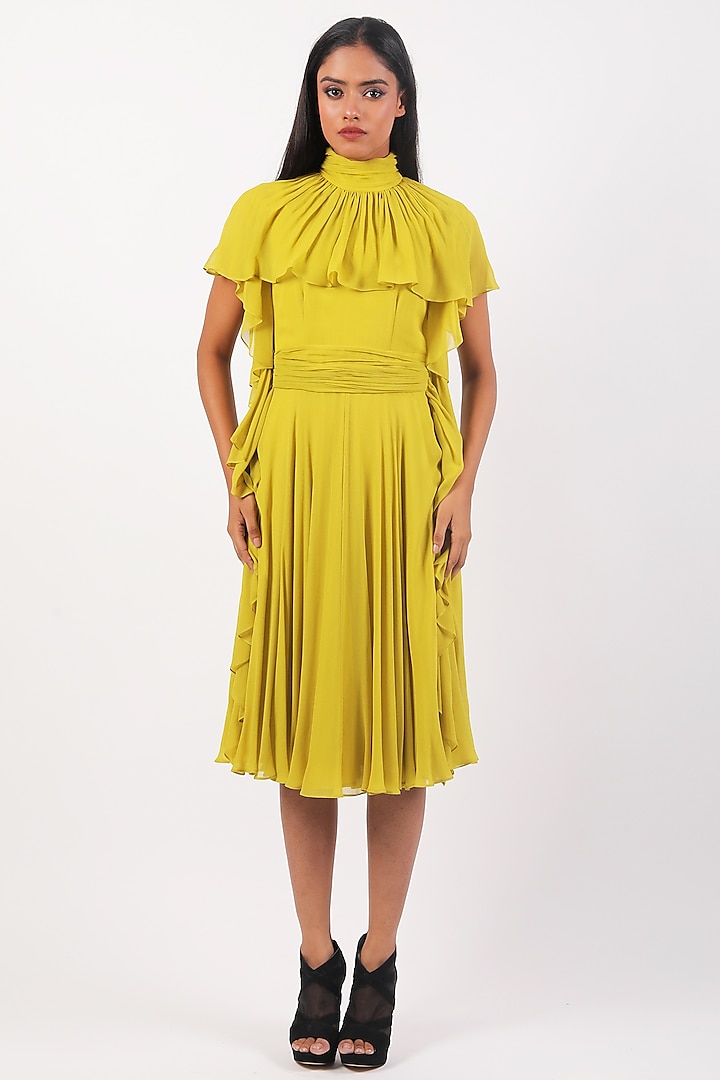 Lime Yellow Georgette Ruffled Dress by Swatee Singh