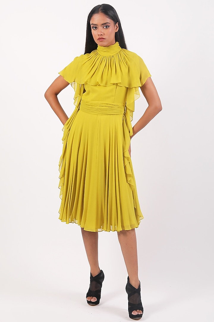 Lime Yellow Georgette Ruffled Vacation Dress by Swatee Singh at Pernia's Pop Up Shop
