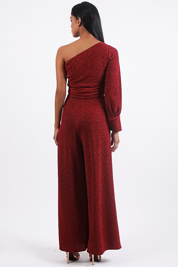 Red Lurex One-Shoulder Jumpsuit by Swatee Singh at Pernia's Pop Up Shop