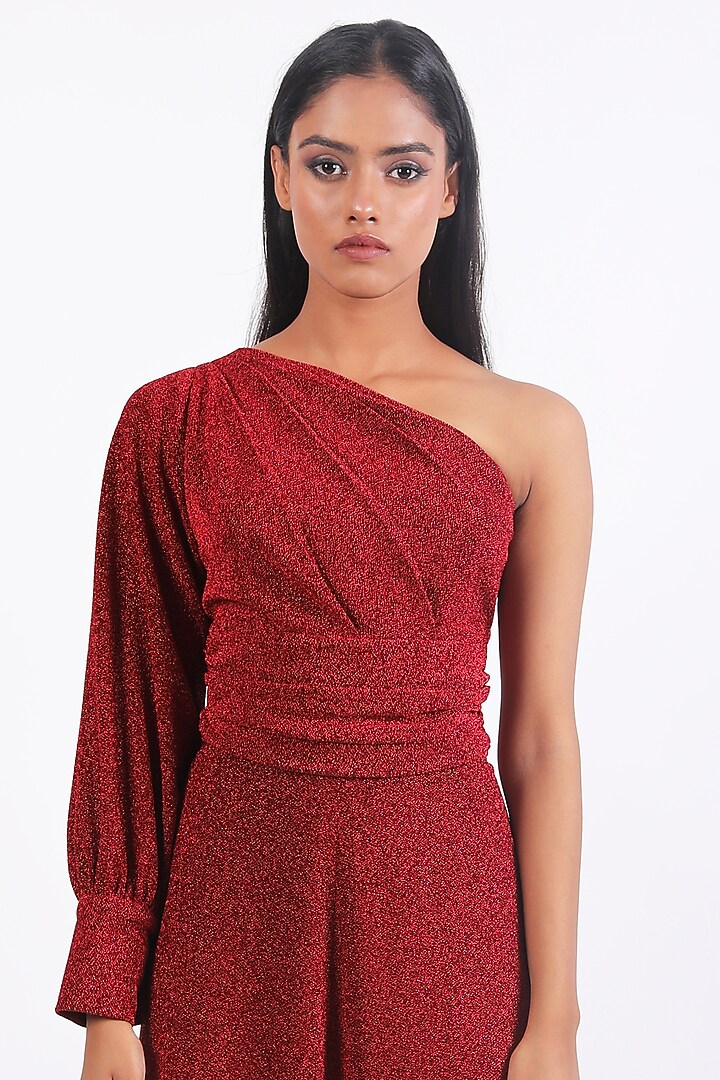 Red Lurex One-Shoulder Jumpsuit by Swatee Singh at Pernia's Pop Up Shop
