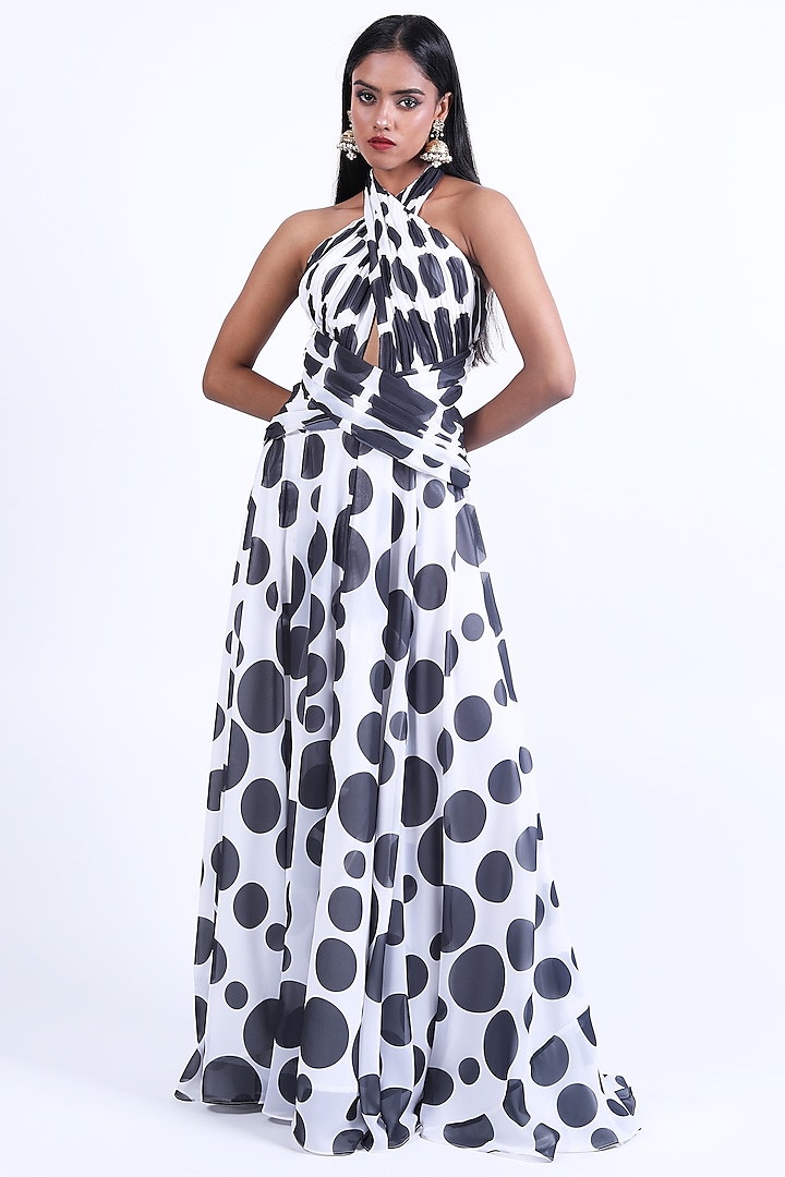 Black & White Georgette Polka Draped Gown by Swatee Singh