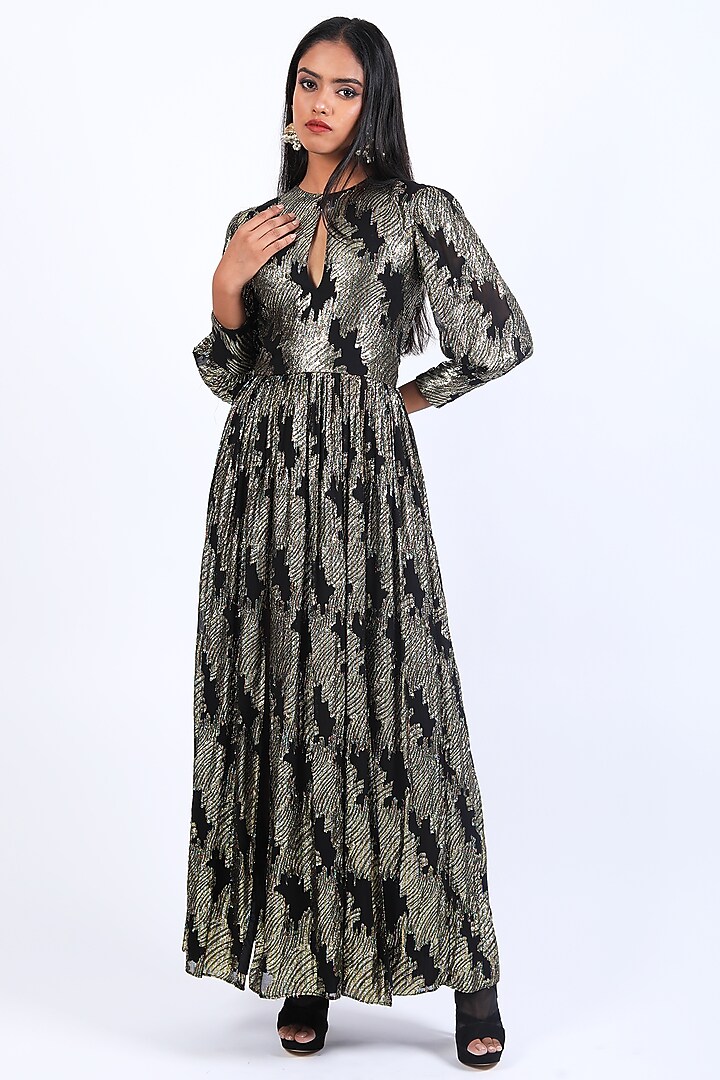 Black-Gold Georgette Vacation Dress by Swatee Singh at Pernia's Pop Up Shop