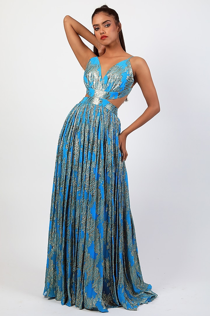 Turquoise Georgette Cut-Out Draped Dress by Swatee Singh