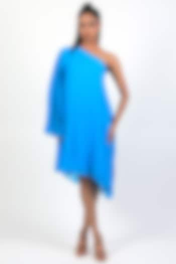 Turquoise Georgette One-Shoulder Flared Dress by Swatee Singh