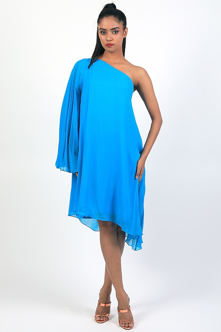 Turquoise Georgette One-Shoulder Flared Dress by Swatee Singh