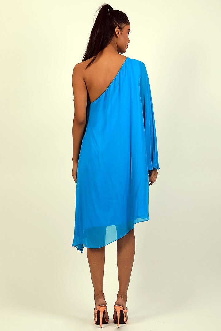 Turquoise Georgette One-Shoulder Flared Vacation Dress by Swatee Singh at Pernia's Pop Up Shop