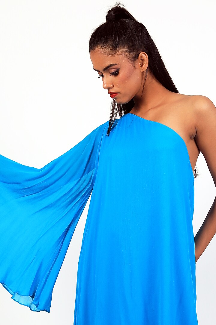 Turquoise Georgette One-Shoulder Flared Vacation Dress by Swatee Singh at Pernia's Pop Up Shop