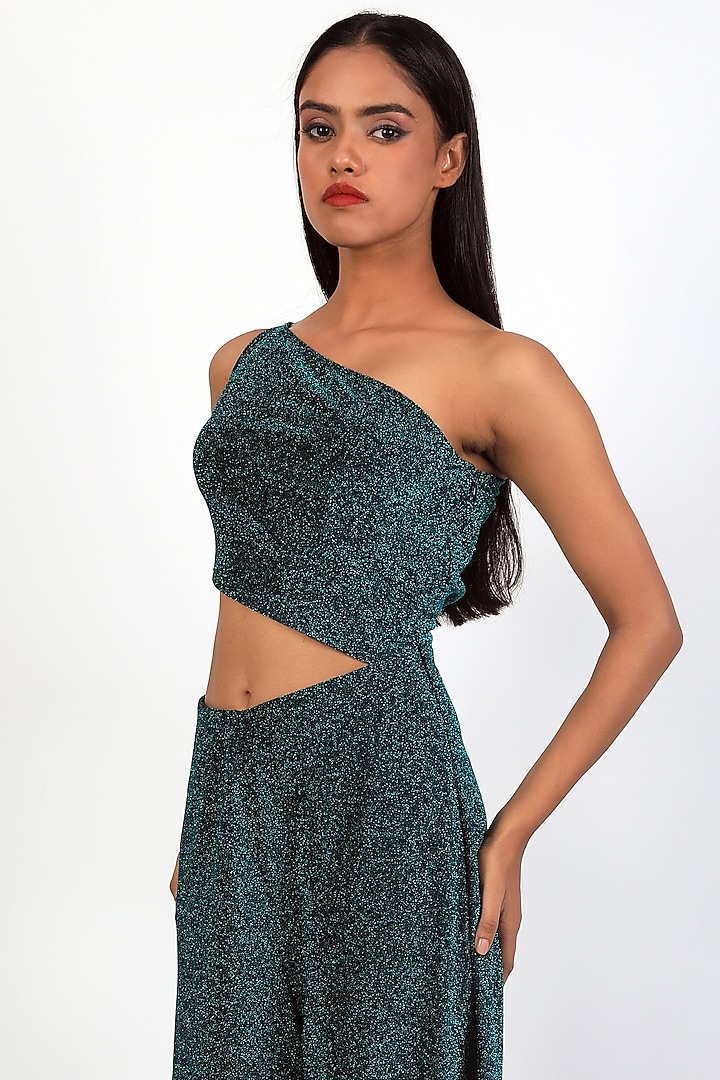 Turquoise Lurex Cut-Out Jumpsuit by Swatee Singh at Pernia's Pop Up Shop