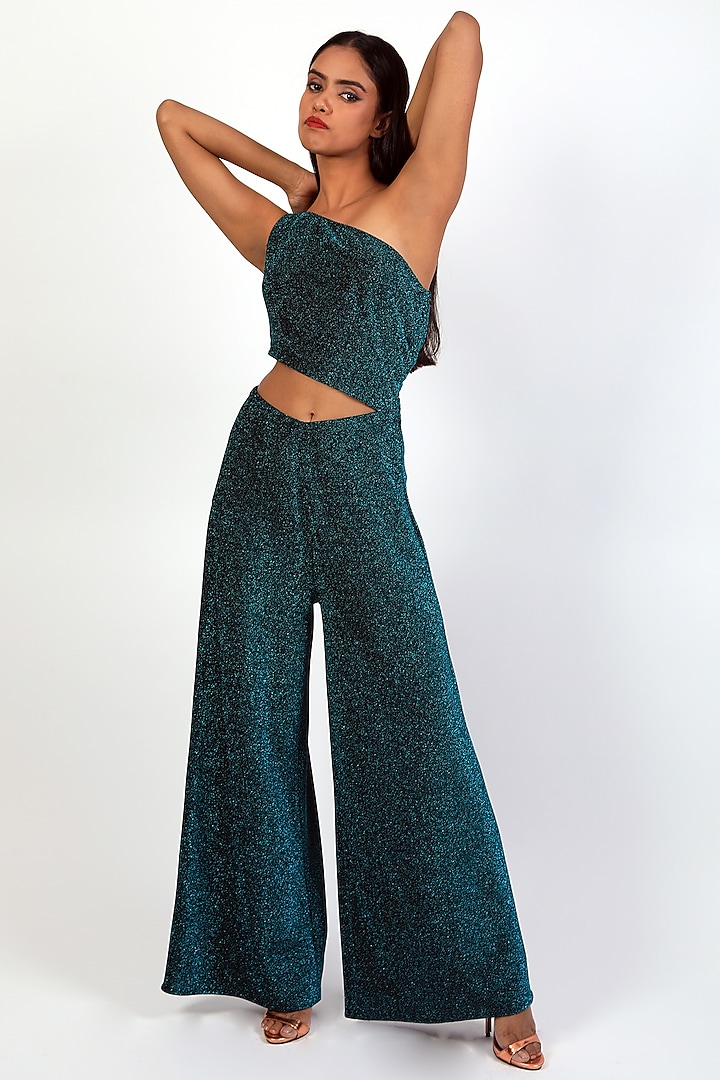Turquoise Lurex Cut-Out Jumpsuit by Swatee Singh at Pernia's Pop Up Shop