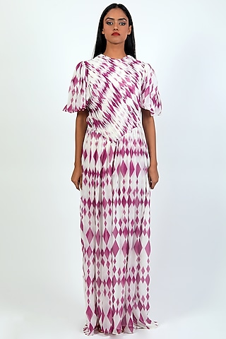 Ivory-Purple Poly Georgette Draped Gown by Swatee Singh