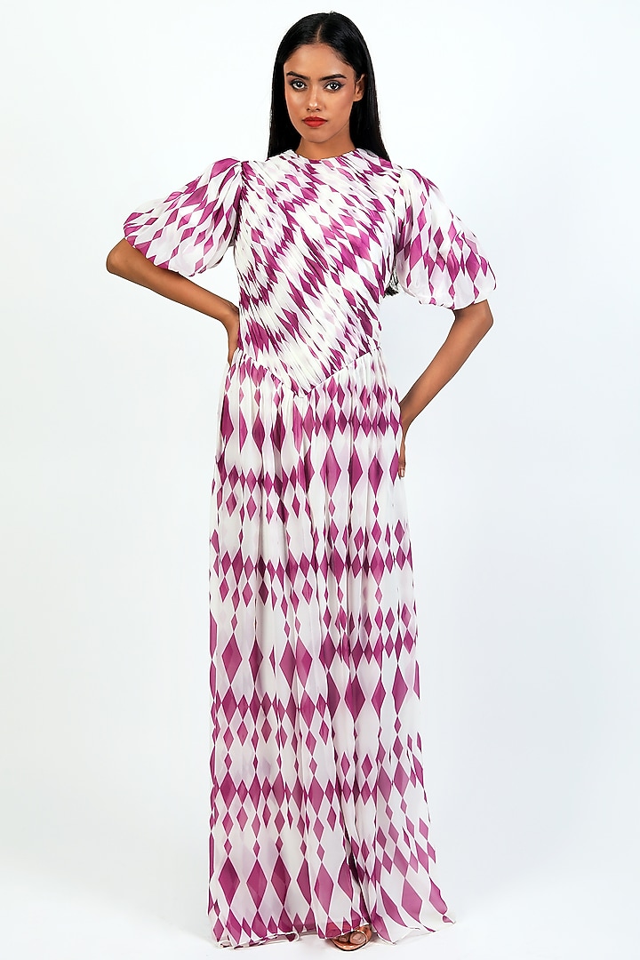Ivory-Purple Poly Georgette Draped Gown by Swatee Singh at Pernia's Pop Up Shop