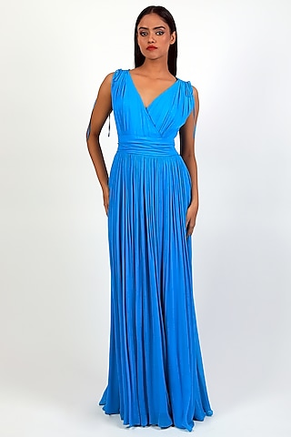 Turquoise Georgette Tie-Knot Gown by Swatee Singh