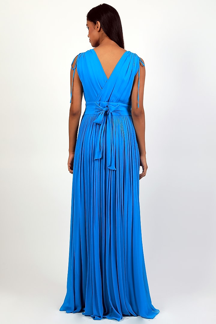 Turquoise Georgette Tie-Knot Party Wear Gown by Swatee Singh at Pernia's Pop Up Shop