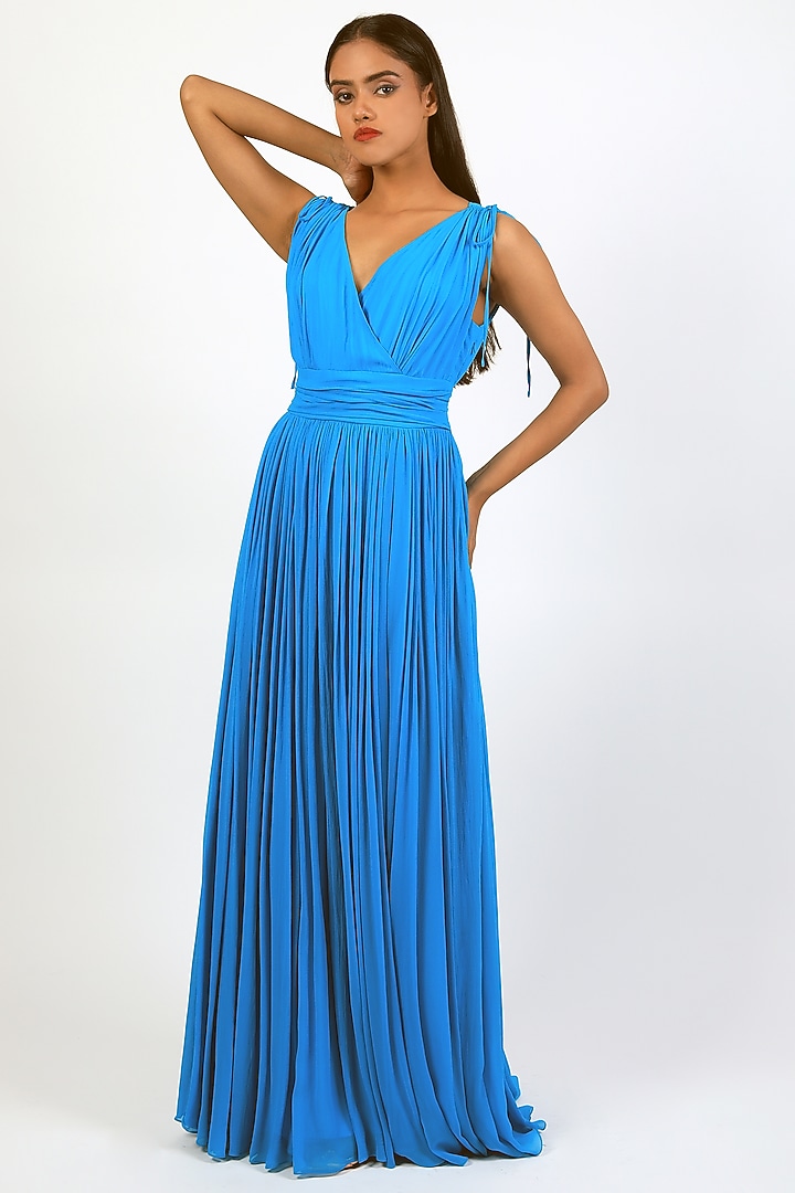 Turquoise Georgette Tie-Knot Party Wear Gown by Swatee Singh at Pernia's Pop Up Shop