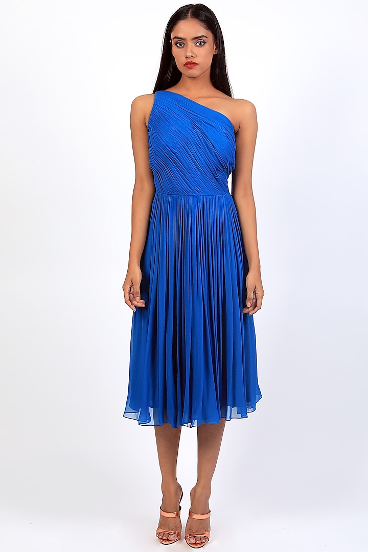 Cobalt Blue Georgette One-Shoulder Dress by Swatee Singh