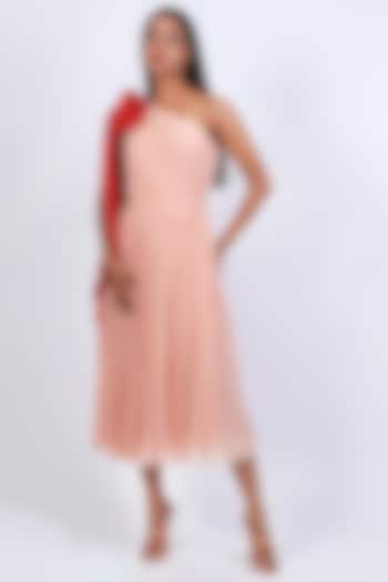Blush Pink & Red Georgette One-Shoulder Dress by Swatee Singh