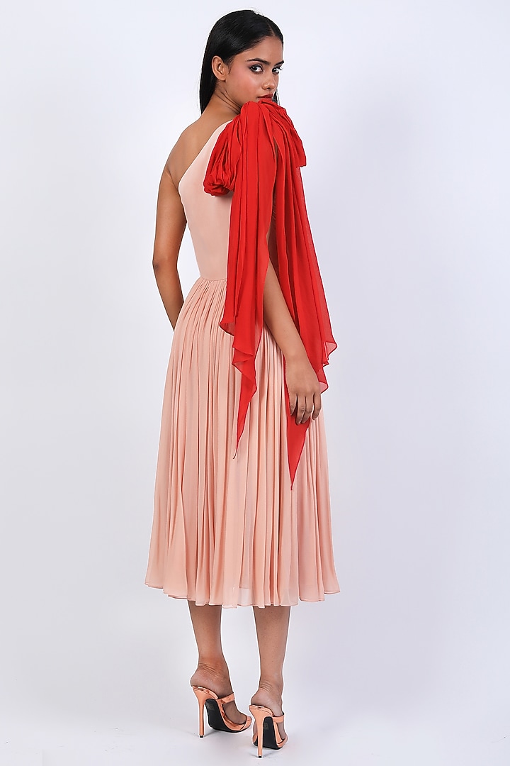 Blush Pink & Red Georgette One-Shoulder Vacation Dress by Swatee Singh at Pernia's Pop Up Shop
