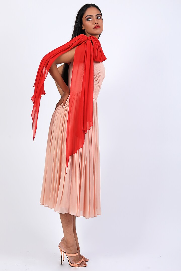 Blush Pink & Red Georgette One-Shoulder Vacation Dress by Swatee Singh at Pernia's Pop Up Shop