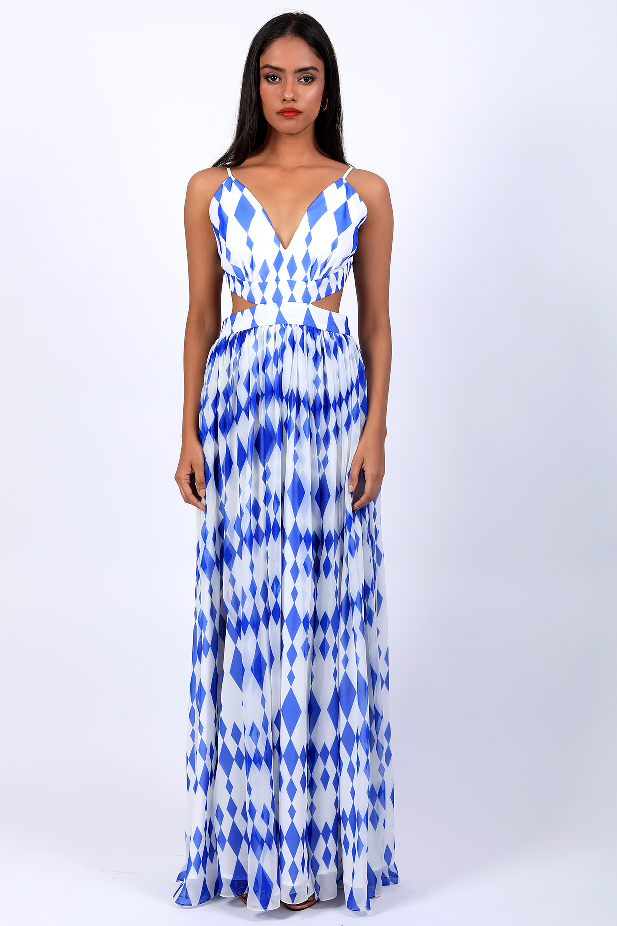 Ivory & Blue Poly Georgette Digital Printed Draped Party Wear Gown by Swatee Singh at Pernia's Pop Up Shop