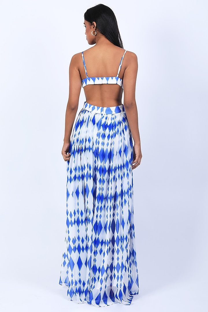 Ivory & Blue Poly Georgette Digital Printed Draped Party Wear Gown by Swatee Singh at Pernia's Pop Up Shop