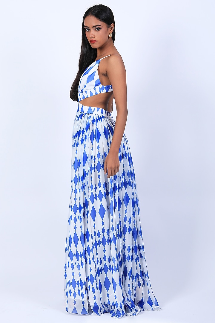 Ivory & Blue Poly Georgette Digital Printed Draped Party Wear Gown by Swatee Singh at Pernia's Pop Up Shop