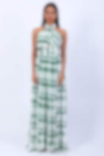Ivory & Green Poly Georgette Digital Printed Draped Gown by Swatee Singh