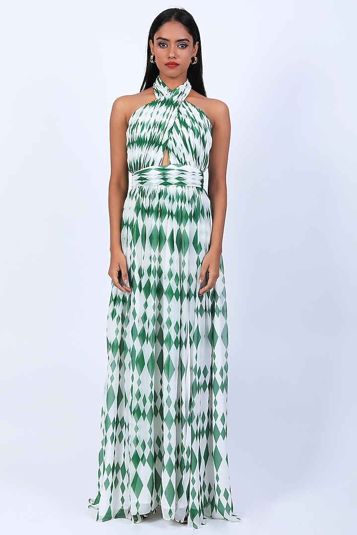 Ivory & Green Poly Georgette Digital Printed Draped Gown by Swatee Singh