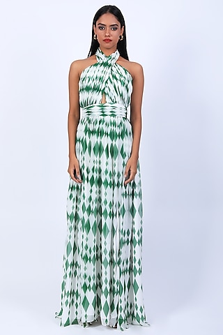 Ivory & Green Poly Georgette Digital Printed Draped Gown by Swatee Singh