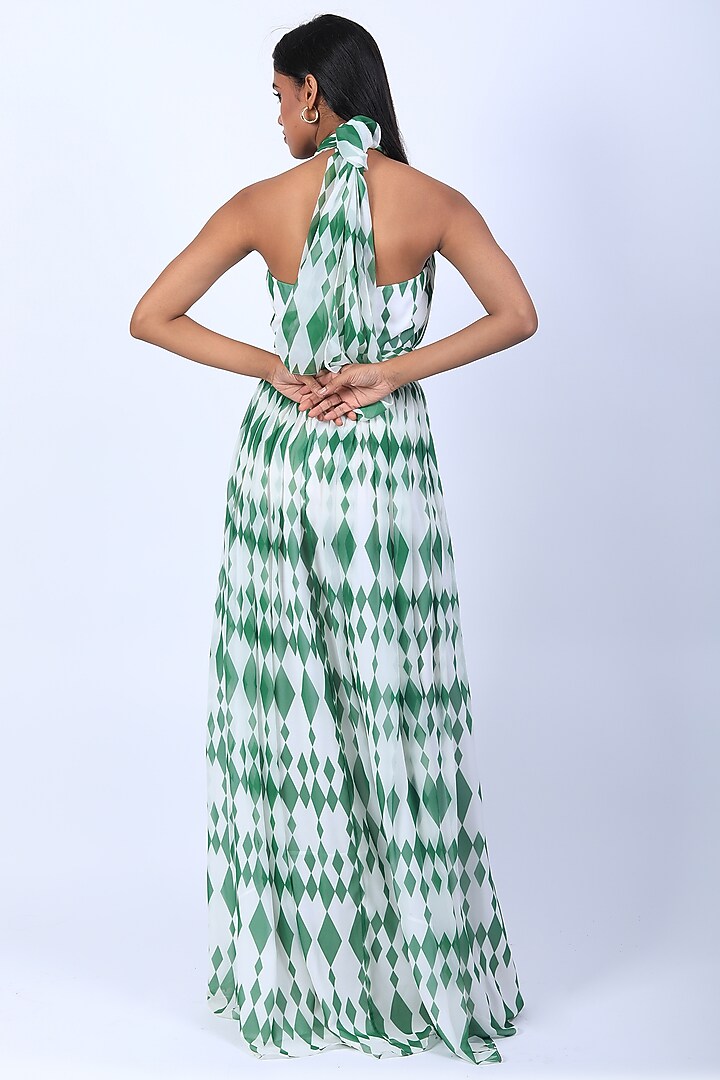 Ivory & Green Poly Georgette Digital Printed Draped Party Wear Gown by Swatee Singh at Pernia's Pop Up Shop