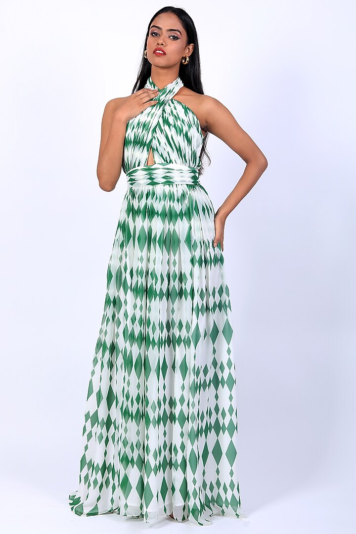 Ivory & Green Poly Georgette Digital Printed Draped Party Wear Gown by Swatee Singh at Pernia's Pop Up Shop