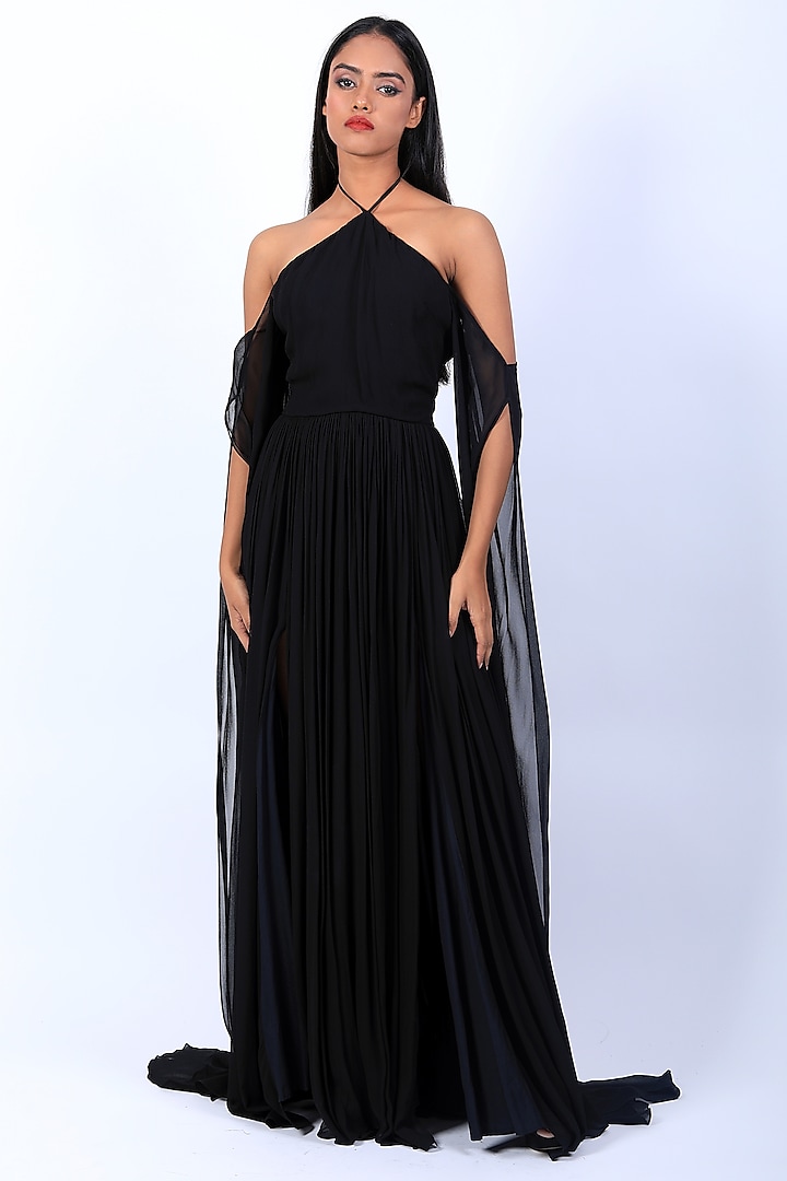 Black Georgette Draped Gown by Swatee Singh