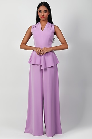 Lavender Heavy Crepe Peplum Jumpsuit by Swatee Singh