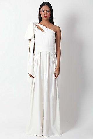 Ivory Heavy Crepe One-Shoulder Jumpsuit by Swatee Singh