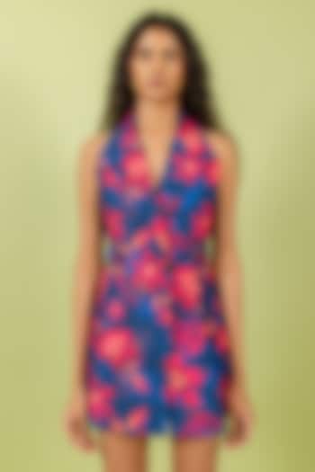 Navy & Fuchsia Heavy Crepe Floral Printed Mini Blazer Vacation Dress by Swatee Singh at Pernia's Pop Up Shop