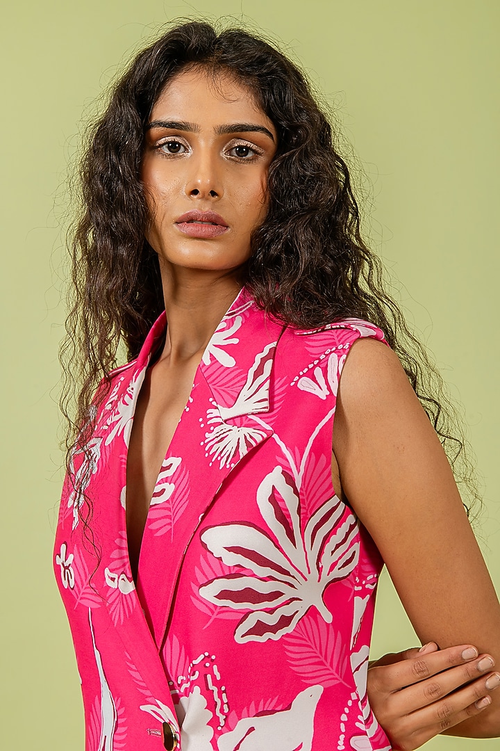 Fuchsia & White Heavy Crepe Floral Printed Mini Blazer Vacation Dress by Swatee Singh at Pernia's Pop Up Shop