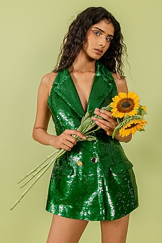 Pigmented Green Sequins Mini Blazer Dress by Swatee Singh