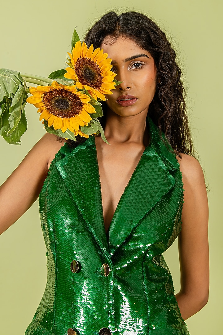 Pigmented Green Sequins Mini Blazer Vacation Dress by Swatee Singh at Pernia's Pop Up Shop