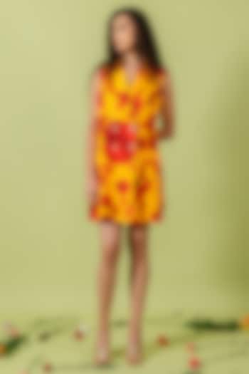 Yellow & Red Heavy Crepe Floral Printed Mini Blazer Vacation Dress by Swatee Singh at Pernia's Pop Up Shop