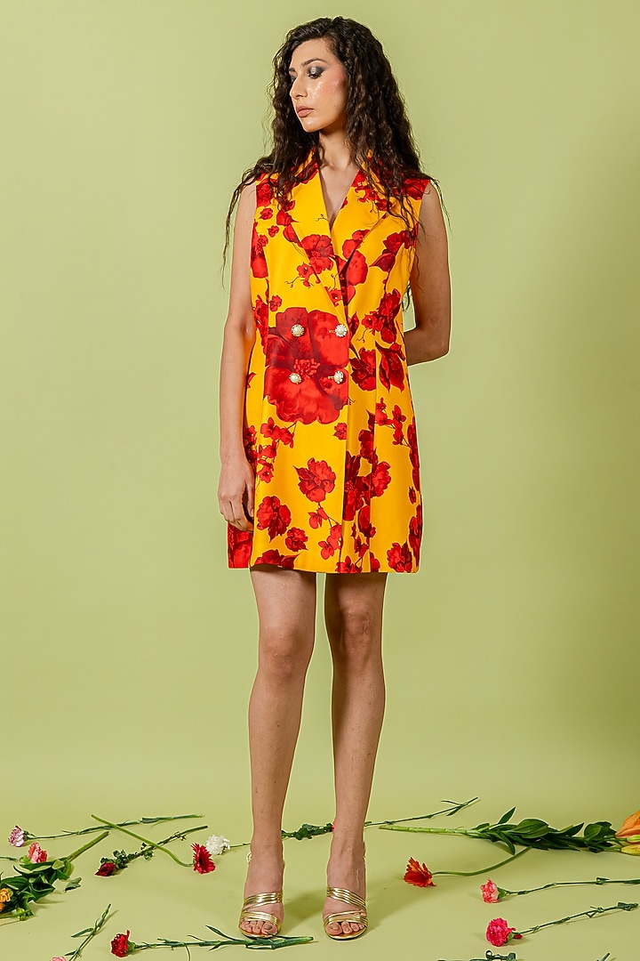 Yellow & Red Heavy Crepe Floral Printed Mini Blazer Vacation Dress by Swatee Singh at Pernia's Pop Up Shop
