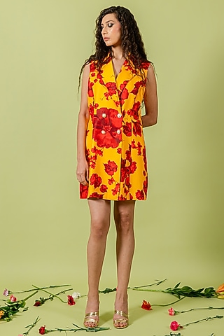 Yellow & Red Heavy Crepe Floral Printed Mini Blazer Dress by Swatee Singh