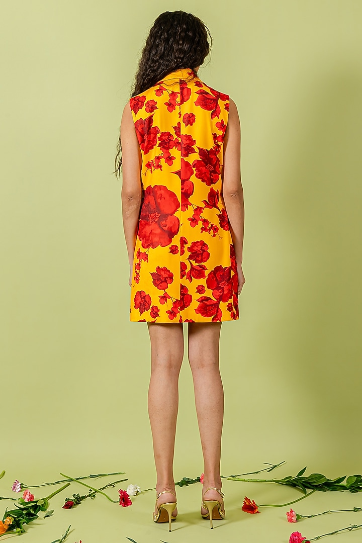 Yellow & Red Heavy Crepe Floral Printed Mini Blazer Vacation Dress by Swatee Singh at Pernia's Pop Up Shop