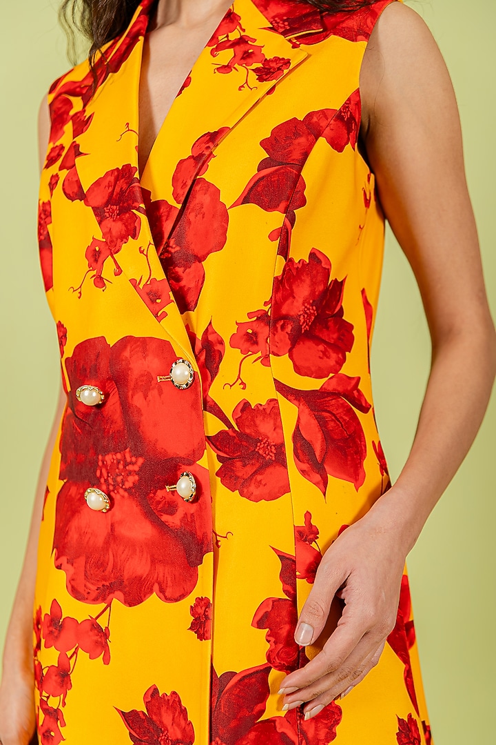 Yellow & Red Heavy Crepe Floral Printed Mini Blazer Vacation Dress by Swatee Singh at Pernia's Pop Up Shop
