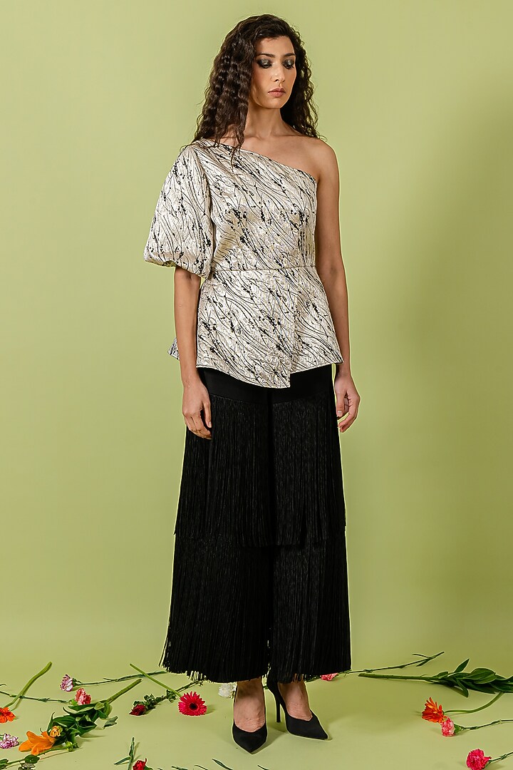 Silver & Black Jacquard One Shoulder Peplum Top by Swatee Singh at Pernia's Pop Up Shop