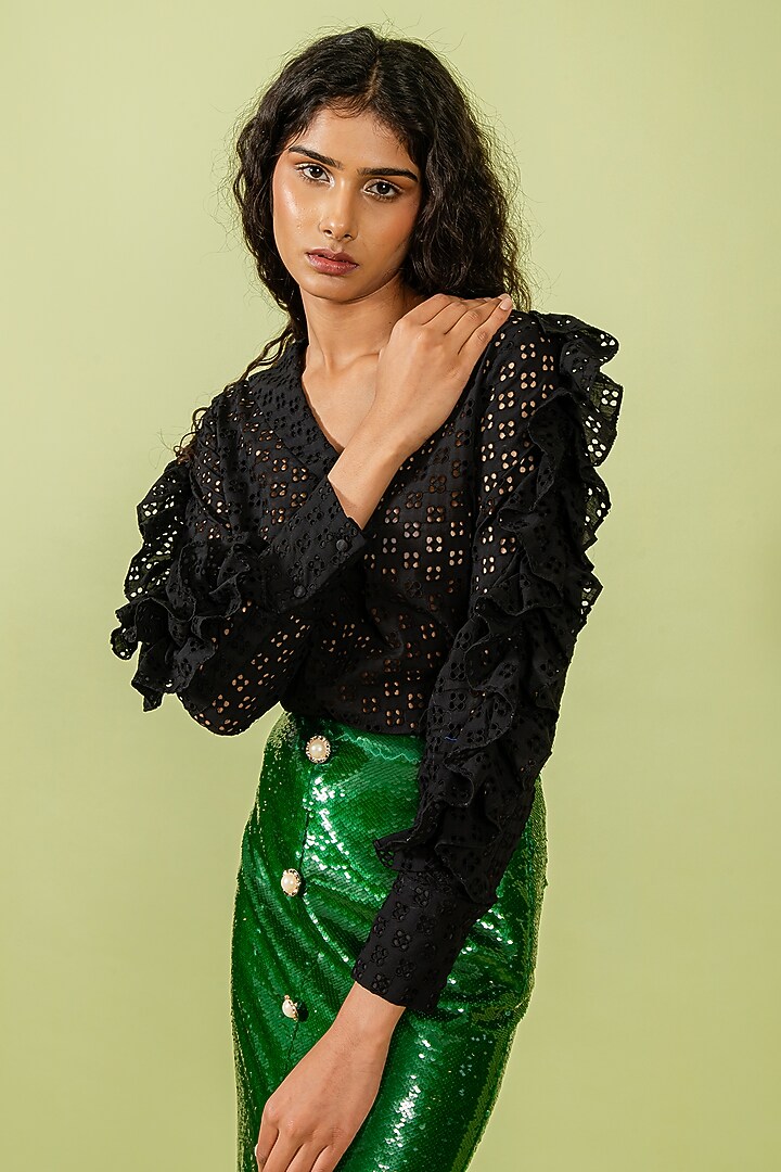 Black Cotton Cutwork Top by Swatee Singh at Pernia's Pop Up Shop