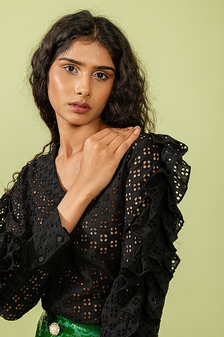 Black Cotton Cutwork Top by Swatee Singh at Pernia's Pop Up Shop