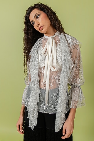 Black & White Sheer Lace Scarf Collar Top by Swatee Singh